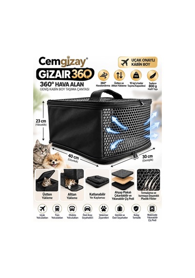 Tr Cemgizay Gizaır 360 360 Havalandırmalı, Geniş Kabin Boy Evcil Hayvan Taşıma Çantası