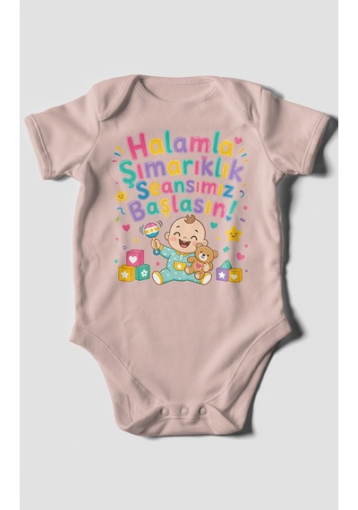 Morivokids Halamla Şımarıklık Seansımız Başlasın Kısa Kollu Bebek Body %100 Pamuk Pastel Pembe
