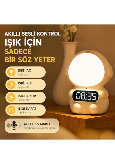 Astronot Led Dijital Çalar Saatli Gece Lambası Beyaz Renk, Büyük Ekran, Yumuşak Işık, Masaüstü Dekoratif Uyku Lambası Renkli