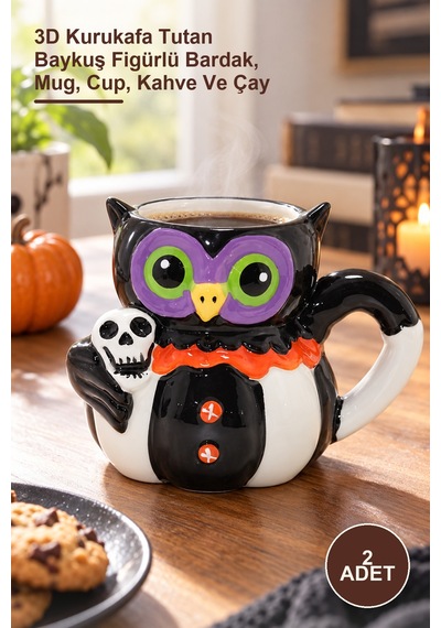 2 Adet Seramik Kupa 3d Kurukafa Tutan Baykuş Figürlü Bardak, Mug, Cup, Kahve Ve Çay