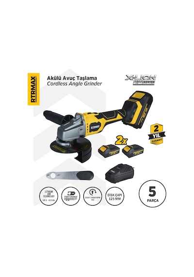 Rtrmax RTX3060 Şarjlı Avuç Taşlama Makinası Kömürsüz 125mm 2x4AhPlus Çift Akü Hızlı Şarj X-Lion