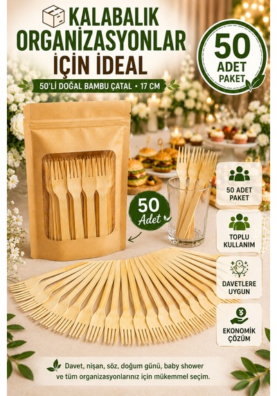 50'li Doğal Bambu Çatal 17 Cm Kullan At Parti Davet Piknik Baby Shower İkramlık Sunum Seti