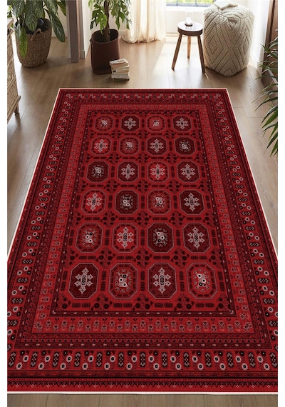 Bordo Afgan Desenli Dekoratif Kaymaz Taban Yıkanabilir Halı
