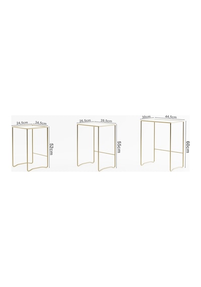 Retro 3 Lü Zigon Füme Camlı Gold Sehpa, Metal Sehpa, Salon, Yatak Odası, Antre Altın