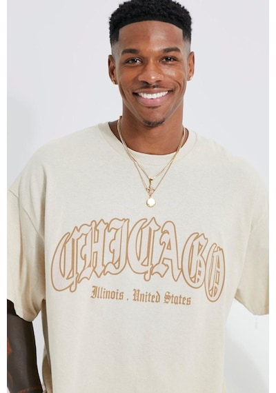 Altamira Unisex Bej Chicago States Baskılı Bisiklet Yaka Oversize T-shirt 001