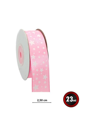 Saten Kurdele. Yıldız Baskılı. 2.50 Cm X 23 Mt - Pembe