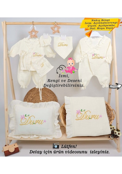 Gros Shop Yeni Doğan %100 Doğal 4katlı Müslin Hastane Çıkış Mevlüt Seti Kişiye Özgü İsimli Nakış Desenli Ekru
