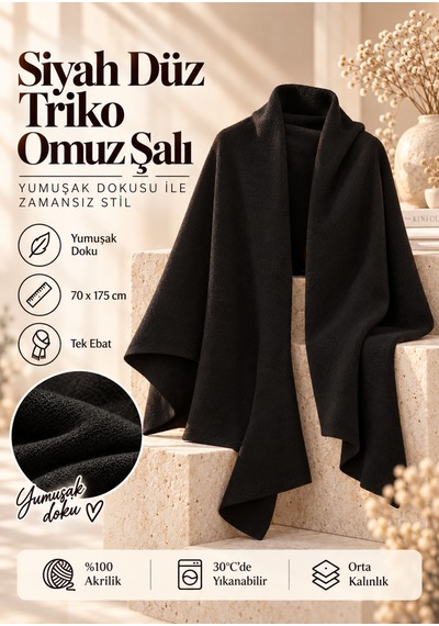 Comerciante Siyah Düz Triko Kadın Omuz Şalı Yumuşak Dokulu Kışlık Şal 70x175 Cm %100 Akrilik Siyah - 930337046 Siyah