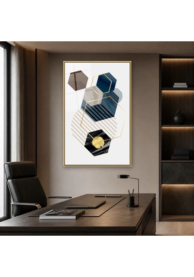 Lacivert Gri Mermer Altıgenler Gold Çerçeveli Cam Tablo
