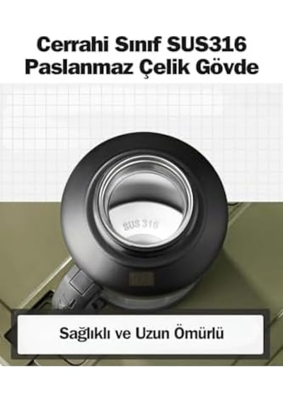 Tkk Mega Boy 1650ml Pipetli/pipetsiz Kullanım Askılı Paslanmaz Çelik Termos Matara Siyah Açık Beyaz