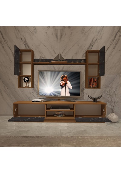 Decoraktiv Eko 5dab Mdf Dvd Tv Ünitesi Tv Sehpası Ceviz - Siyah Mermer