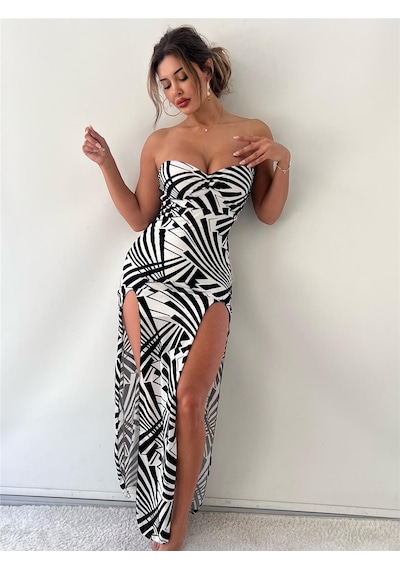 Pink Life Beyaz Geometrik Desenli Flog Baskılı Astarlı Maxi Elbise-Beyaz