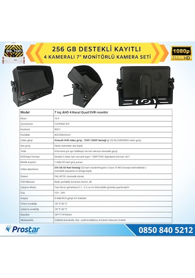 Kayıtlı Ahd Okul Servisler İçin 4 Kameralı 7 İnç Monitörlü 720p