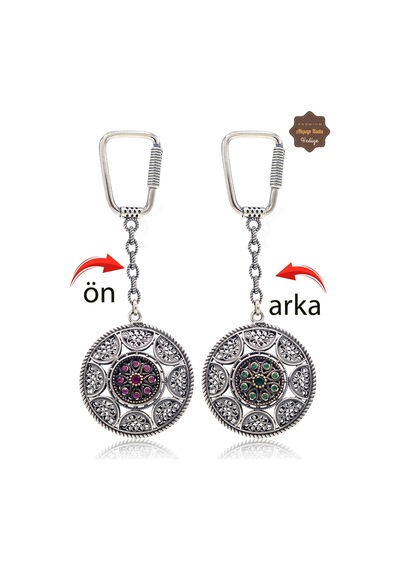 Yakut Ve Zümrüt Taşlı Sarmaşık Model Çift Taraflı Oksitli Gümüş Telkari Anahtarlık 201025178 Gümüş