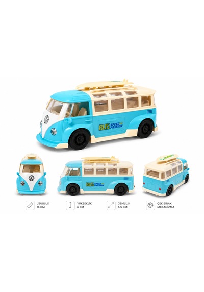 Retro Surf Minibüs Oyuncak Araba 14 Cm Çek Bırak Klasik Bus Modeli Mavi Açık Mavi
