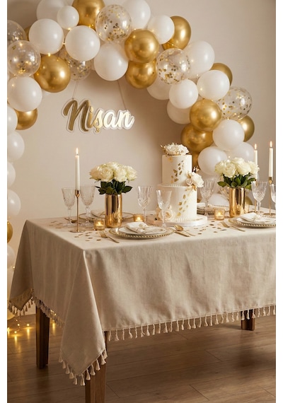 Keten Püsküllü Organizasyon Keten Masa Örtüsü Baby Shower, Doğum Günü, Nişan İçin Bohem Vintage Örtü Bej Keten Püsküllü Organizasyon Keten Masa Örtüsü Baby Shower, Doğum Günü, Nişan İçin Bohem Vintage Örtü Bej