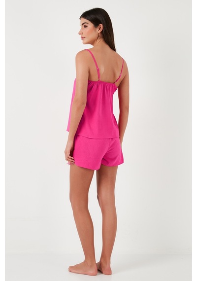 Lela Dantelli V Yaka Ip Askılı Mini Şortlu Bayan Pijama Takımı 6110300 Fuşya