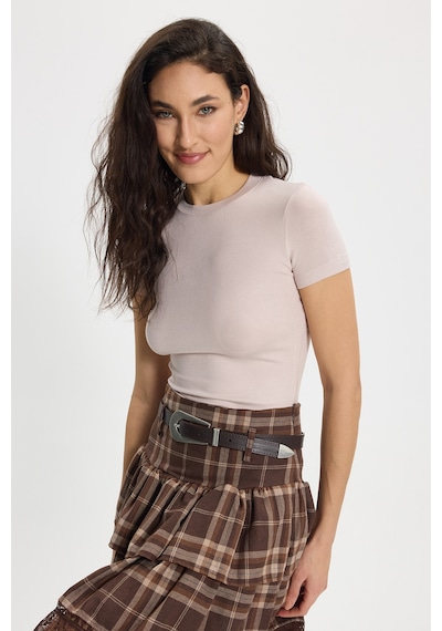 Tudors Kadın Slim Fit Dar Kesim Pamuklu Kısa Kollu Bisiklet Yaka Pembe Tişört-50712