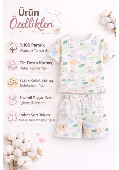 Harika Kids Kız Çocuk Şortlu Takım Yazlık Pamuklu Tişört Şort 2 Li Set Beyaz