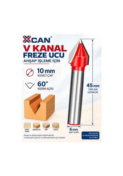 60 V Kanal Freze Ucu Ø10 Mm 6 Mm Şaft Gravür Ve Kanal Açma