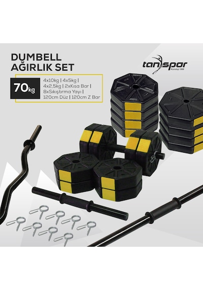 Tan Spor 70 KG Dambıl Halter Ağırlık Full Kısa + Düz + Z Bar Set Kırmızı Kapaklı