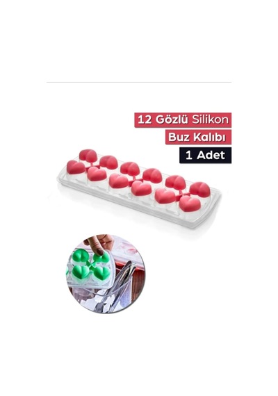 1 Adet 12 Gözlü Kalpli Silikon Kalpli Buzluk Kalıbı Kapaklı Plastik Diğer
