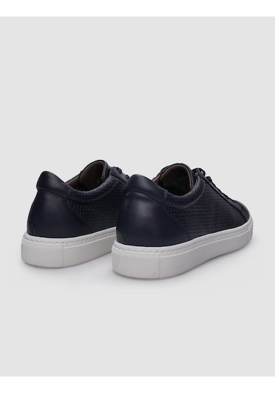 %100 Hakiki Deri Lacivert Bağcıklı Desenli Erkek Sneaker Lacivert