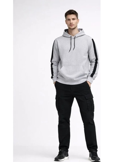 Butik İstanbul Erkek Şeritli Kapüşonlu Sweatshirt Oversize 3 Iplik Pamuklu - Beyaz
