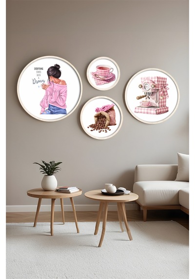 Ahşap Çerçeveli Modern 4'lü Yuvarlak Tablo Seti Huhu414