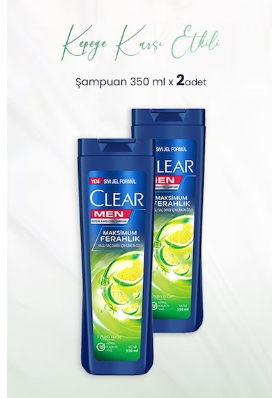 Clear Men Kepeğe Karşı Etkili Şampuan Maksimum Ferahlık Limon Özlü 2 x 350 ML