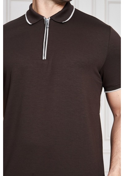 Erkek Jeuss Oysho Kumaş Fermuarlı Yakalı Kahverengi Tshirt