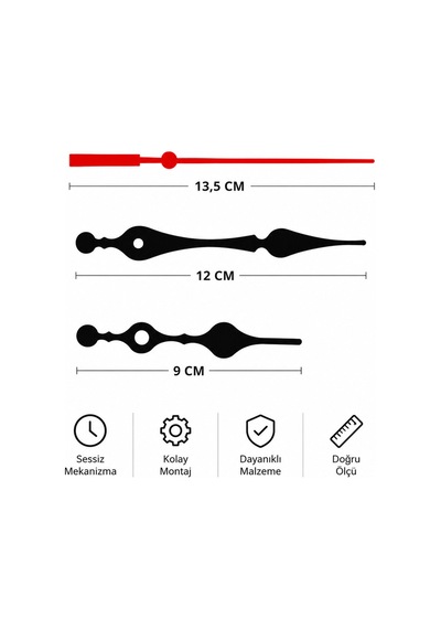 Askılı Sessiz Akar Saat Mekanizması 22 Mm Şaft Metal Akrep Yelkovan Saniye Seti Siyah