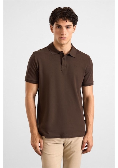 Süvari Koyu Kahve Slim Düz Nakışlı Pike Düğmeli Polo Yaka Tişört Ts1014000474-kh9