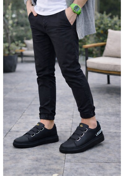 Dmr Elegance Jy029 Mono Bağcıksız 3 Bantlı Lastikli Legend Cilt Erkek Günlük Sneaker Ayakkabı Cst - Siyah