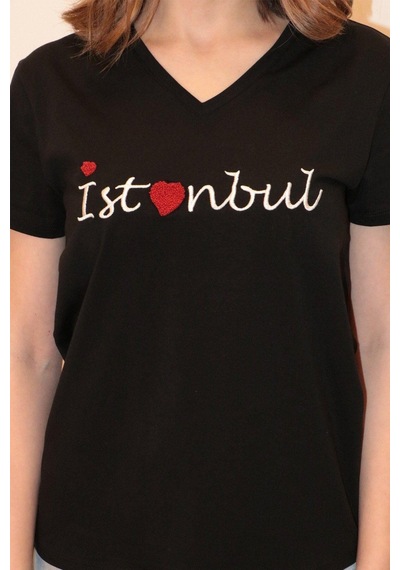 Rich Kadın V Yaka T-shirt %100 Pamuk Tişört SIYAH