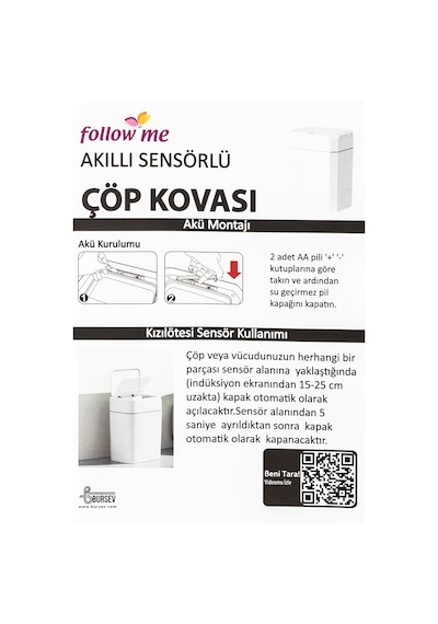 Porsima Me-05 Hareket Sensörlü Sessiz Kapatma Çöp Kutusu Banyo Mutfak Çöp Kovası Kapaklı Banyo Çöp Kovası 2 Adet Aa Pil Beyaz 50lt