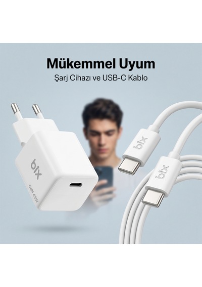 Bix Bx1p46g Gan 45w Type-c Pps/avs Destekli Hızlı Şarj Cihazı Ve 1.2 Metre 3a Type-c Kablo Beyaz