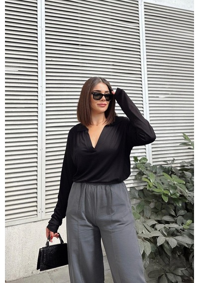 WeShaya Kadın Siyah Polo Yaka Basic Bluz, Uzun Kol, Regular Kesim, Günlük Ve Spor Sweatshirt Siyah