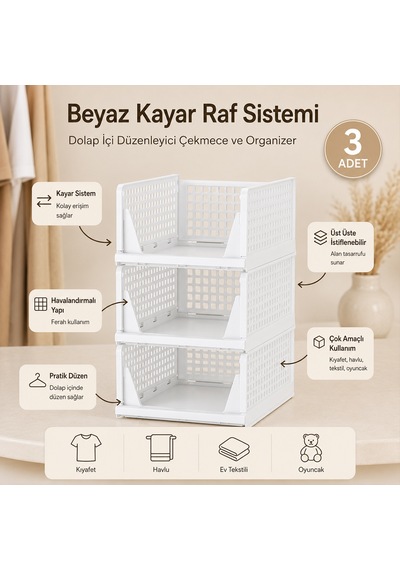 3 Katlı Portatif Kayar Raf Organizer - Çok Amaçlı Sarı