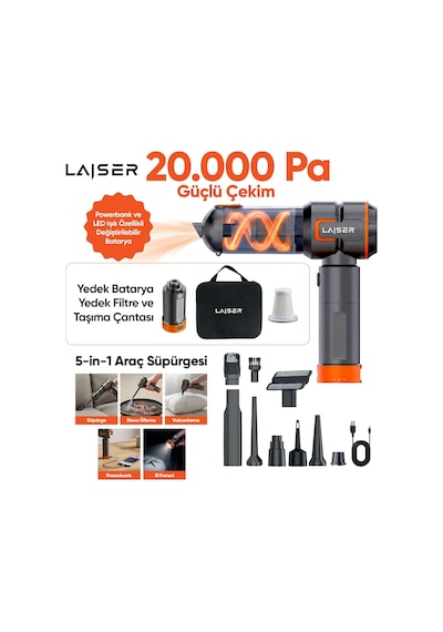 Vt-120 5-in-1 Kablosuz Araç Süpürgesi: 20.000 Pa Güç & Değiştirilebilir 2 Bataryalı Powerb Gri