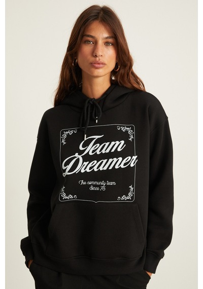 Grimelange Sabine Kadın Baskı Detaylı İçi Polarlı Kapüşonlu Kanguru Cepli Relaxed Fit Siyah Sweatshirt