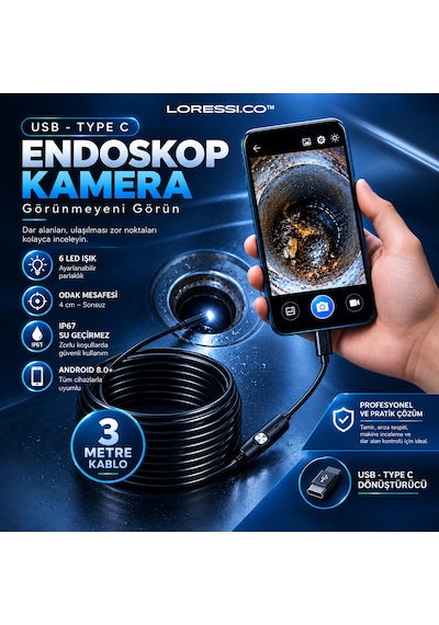 Scope Pro Endoskop Yılan Kamera Ip67 Su Geçirmez Boroskop / Type-c & Usb Uyumlu - 5 Metre Android