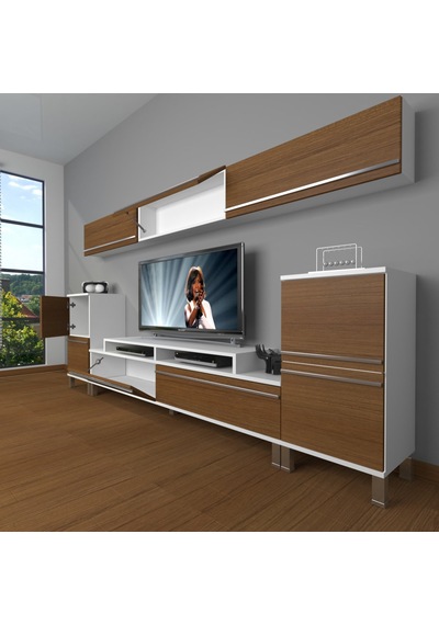 Decoraktiv Ekoflex 9 Mdf Krom Ayaklı Tv Ünitesi Tv Sehpası Beyaz - Ceviz