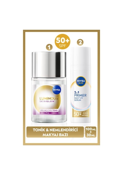 NIVEA Luminous630 Skin Glow Peeling Etkili Tonik 100 ML + Primer Nemlendirici Makyaj Bazı SPF50 30 ML