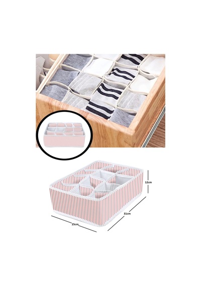 12 Bölmeli Pembe Çizgili Çekmece Içi Düzenleyici Kumaş Beyaz Diğer