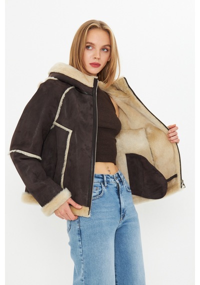 M M Marki Marki Hakiki Nubuk Deri Kapüşonlu Oversize Kadın Mont - İçi Kürklü - Kahverengi 65 Cm - 115522 Nubuk Kahverengi