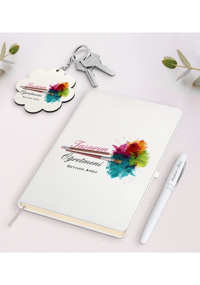 Kişiye Özel Tasarım Öğretmeni Beyaz Defter Kalem Ve Anahtarlık He