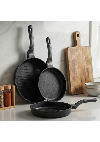 Oms 3738 Biogranit Döküm Grill Ergonomik Saplı 3 Parça Tava Seti Siyah 20-24-28cm Siyah