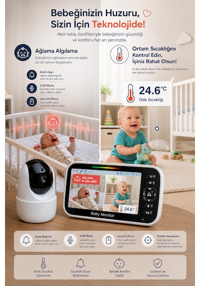 Bebek Kamerası Lcd Ekranlı 5'' İnç Gece Görüşlü Ninni Söyleyen Ağlama Sensörlü Bebek Odası Kamerası