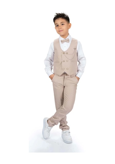 Mnk Baby & Kids Erkek Çocuk 6 Düğme Yelekli Özel Gün Takım Elbise M00834 Bej